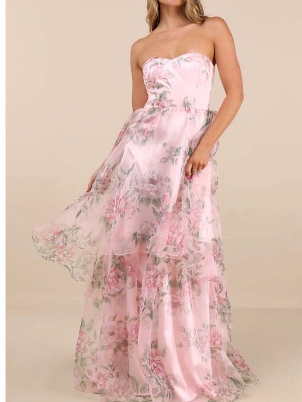 NWT Lulus Truly Extraordinary Pink Floral Organza Strapless Maxi Dress XS‎